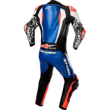 Racing Absolute v2 1-Piece Leather Suit - Metallic Blue/Black/White/Red Fluo