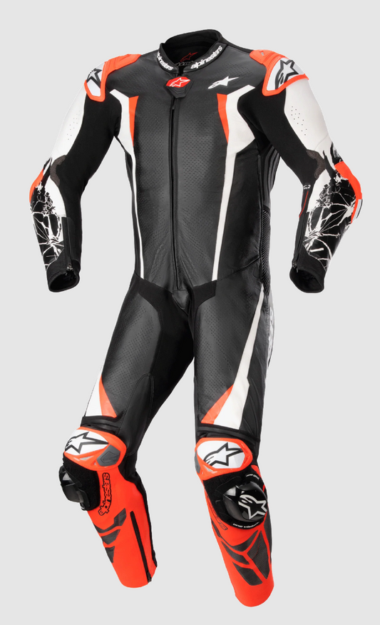 Racing Absolute v2 1-Piece Leather Suit - Black/White/Red Fluo